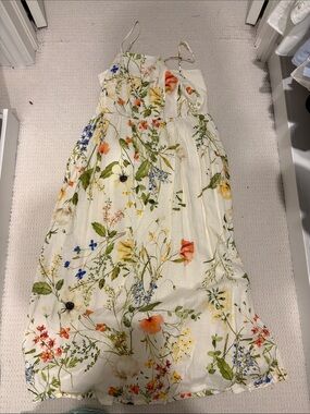 H&M Cream Floral Midi Sundress with Multicolor Blooms linen blend